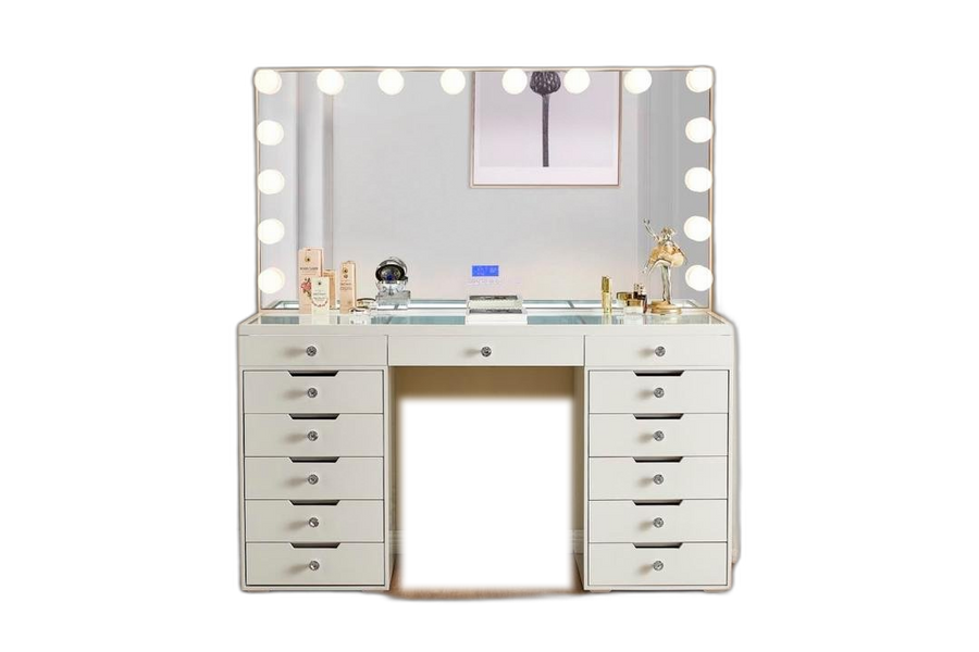 LR-003 white Hollywood vanity with full-width bulb mirror, background removed