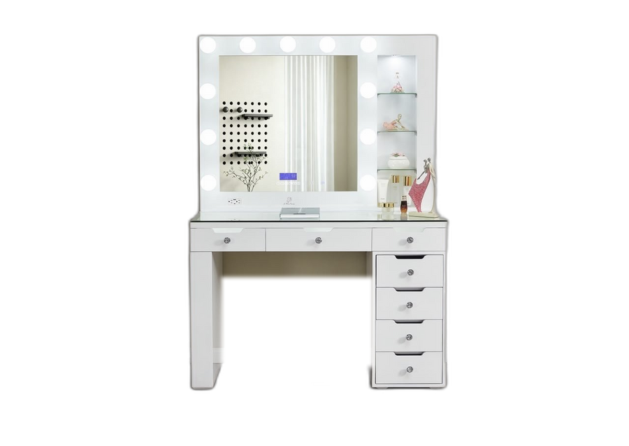 LR-032 white Hollywood vanity with spotlight mirror and right-side display shelves, background removed