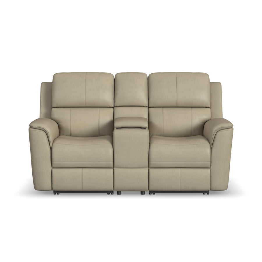 Flexsteel Henry Leather Power Reclining Loveseat with Console & Power Headrests & Lumbar in Beige