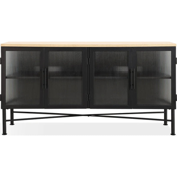 Matrix Four Door Ribbed Glass, Metal and Wood Sideboard in Natural Ash and Black 36Hx66Wx18D inches 27.2 cuft 191 lbs