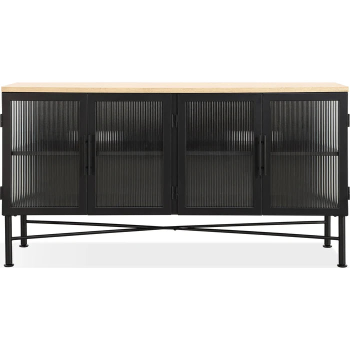 Matrix Four Door Ribbed Glass, Metal and Wood Sideboard in Natural Ash and Black 36Hx66Wx18D inches 27.2 cuft 191 lbs