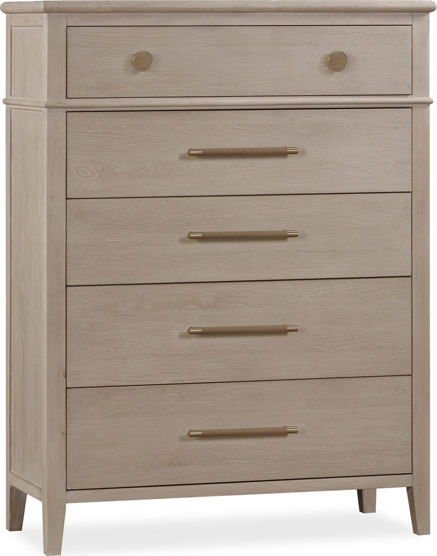 Carrington Five Drawer Oak Wood Chest in Chai - View 2