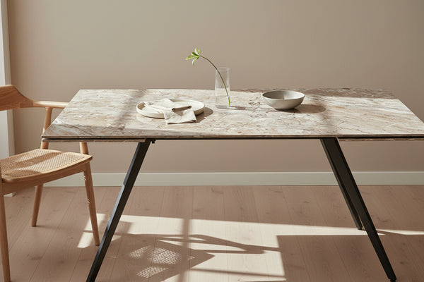 Larchmont Double Extension Stone Top Metal Leg Dining Table in Rich Brown and Black alternate view