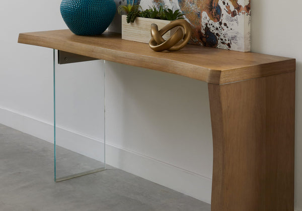 Onyx Live-Edge White Oak and Glass Console Table in Bisque