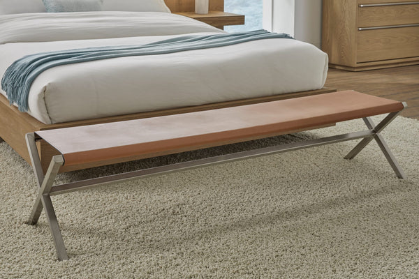 Onyx Modern Coastal Director's Style Leather Dining Bench in Cognac and Brushed Stainless Steel