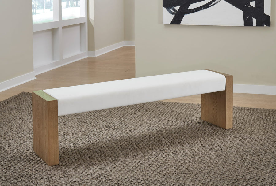 Onyx Modern Coastal Slab Leg Upholstered Dining Bench in White Oak and White Pearl