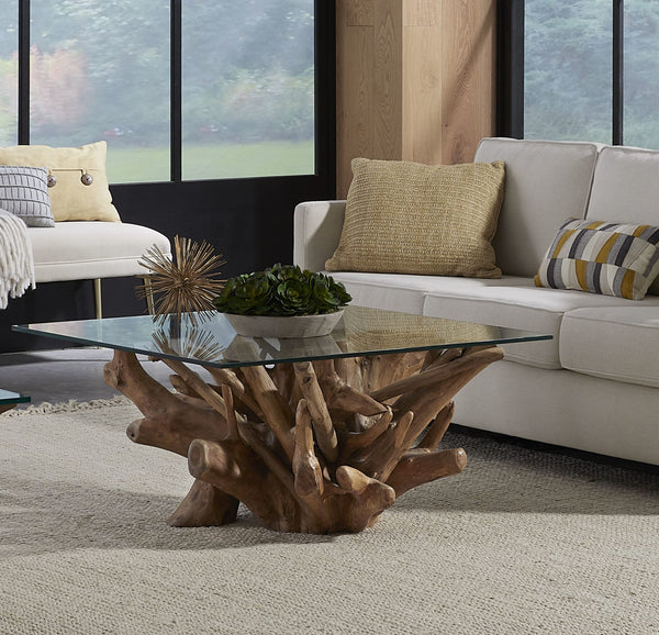 Onyx Solid Teak Root Glass Top Coffee Table