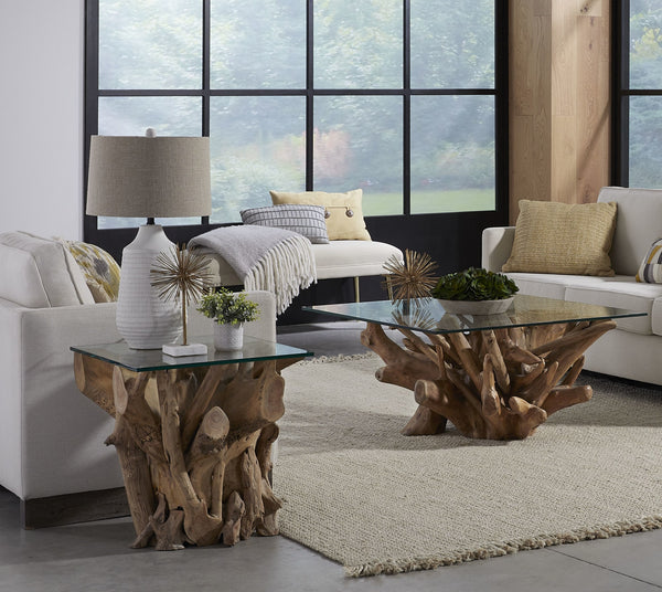 Onyx Solid Teak Root Glass Top End Table alternate view