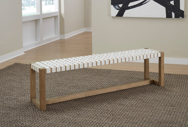Onyx Woven Leather and Solid Wood Dining Bench in White and Bisque