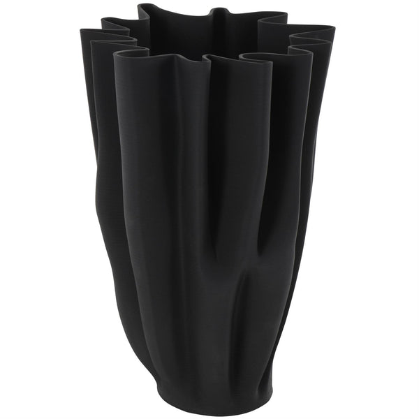 Black Ceramic Ribbed Tulip Vase with Angular Rim, 15