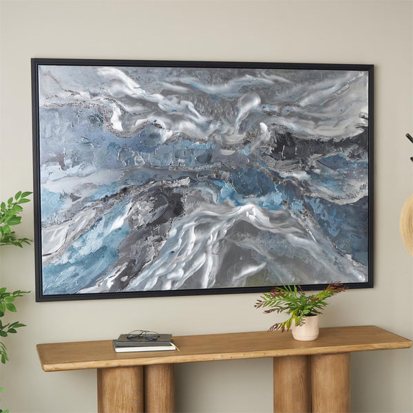Blue Abstract Canvas Wall Art with Silver Foil, Black Frame, 30