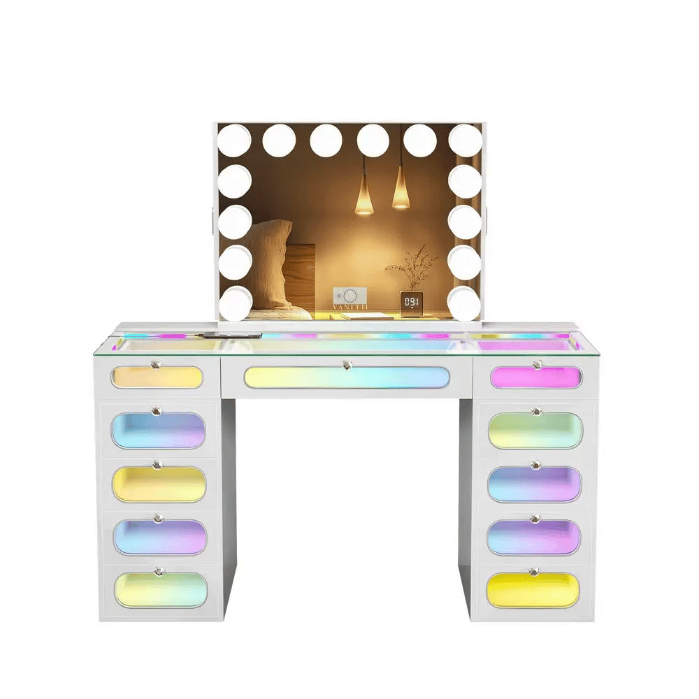 Emily Vanity Desk-11 Glass Fronted Drawers Vanity with Vanity Mirror Jewelry Cabinet