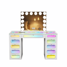 Emily Vanity Desk-11 Glass Fronted Drawers Vanity with Vanity Mirror Jewelry Cabinet