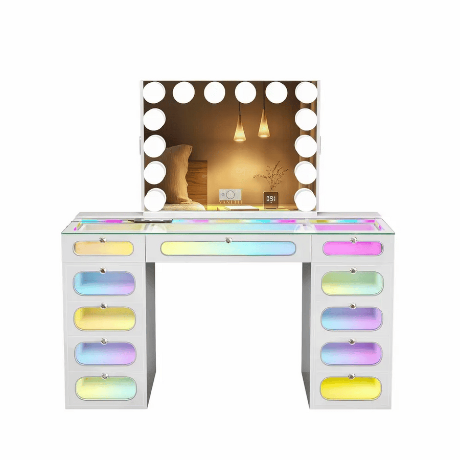 Emily Vanity Desk-11 Glass Fronted Drawers Vanity with Vanity Mirror Jewelry Cabinet