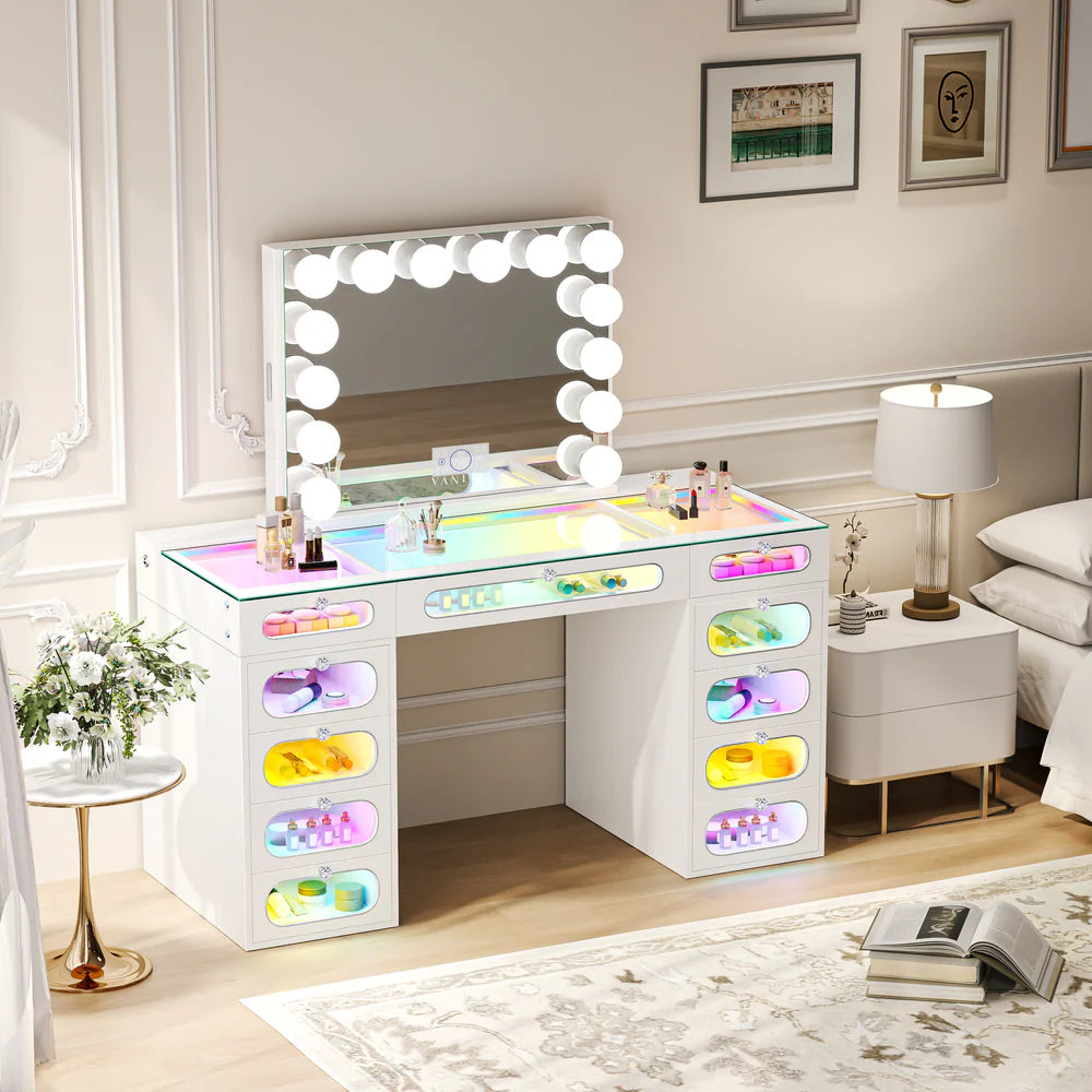Emily Vanity Desk-11 Glass Fronted Drawers Vanity with Vanity Mirror Jewelry Cabinet