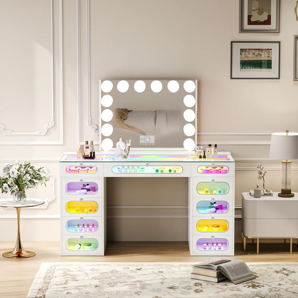 Emily Vanity Desk-11 Glass Fronted Drawers Vanity with Vanity Mirror Jewelry Cabinet