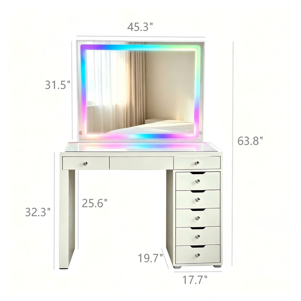Bella 8-Drawer Lighted Vanity with LED Mirror & Bluetooth Speaker – High Gloss White