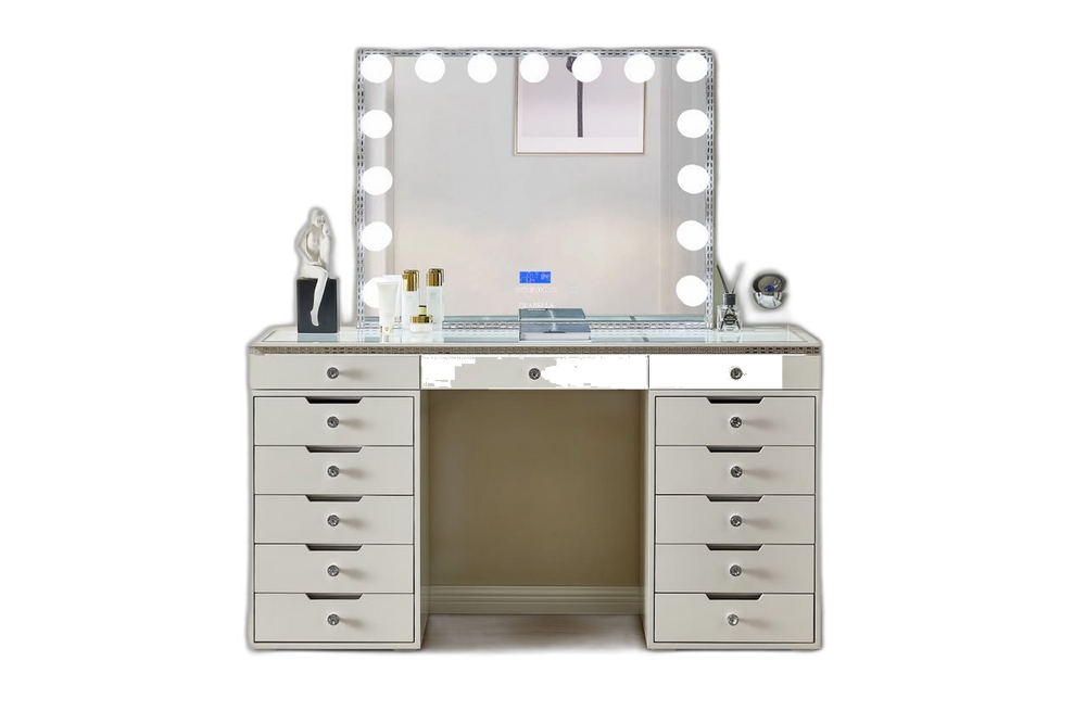 LR-004 crystal white Hollywood vanity with diamond-frame mirror, background removed