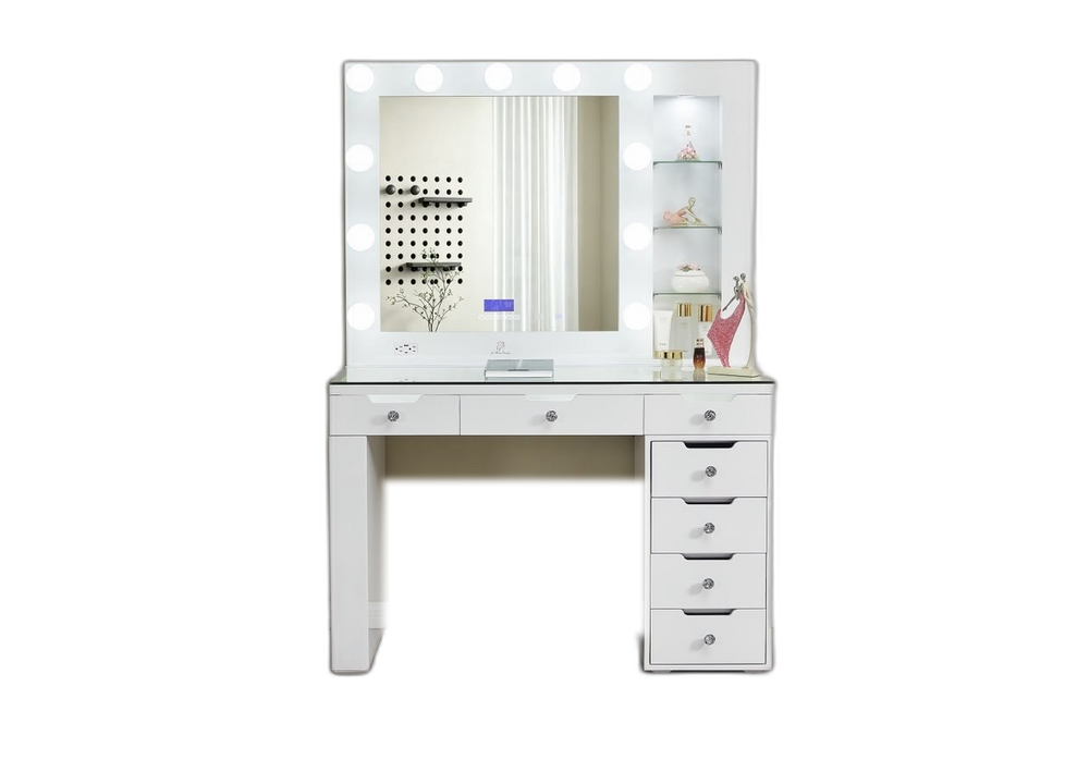LR-032 white Hollywood vanity with spotlight mirror and right-side display shelves, background removed
