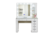 LR-032 white Hollywood vanity with spotlight mirror and right-side display shelves, background removed