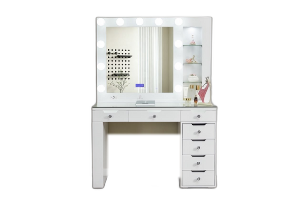 Hollywood Vanity Set with Spotlight Mirror & Display Shelves  — White