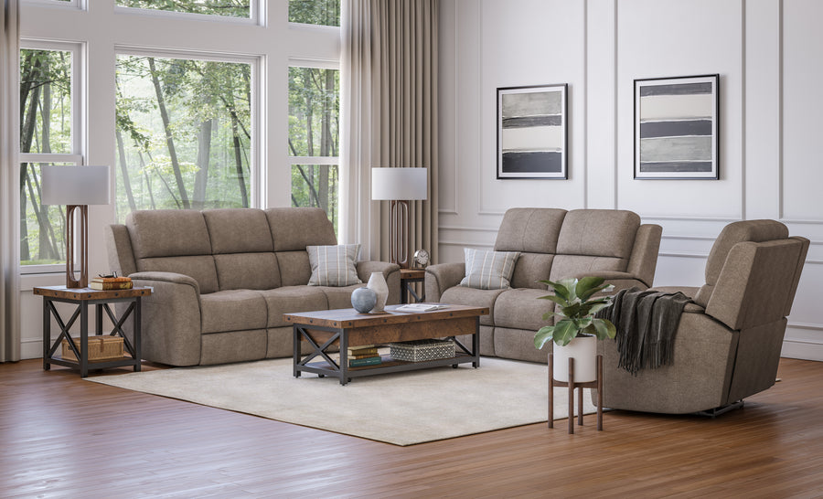 Henry Fabric Power Reclining Sofa with Power Headrests & Lumbar in Fog Complete Room
