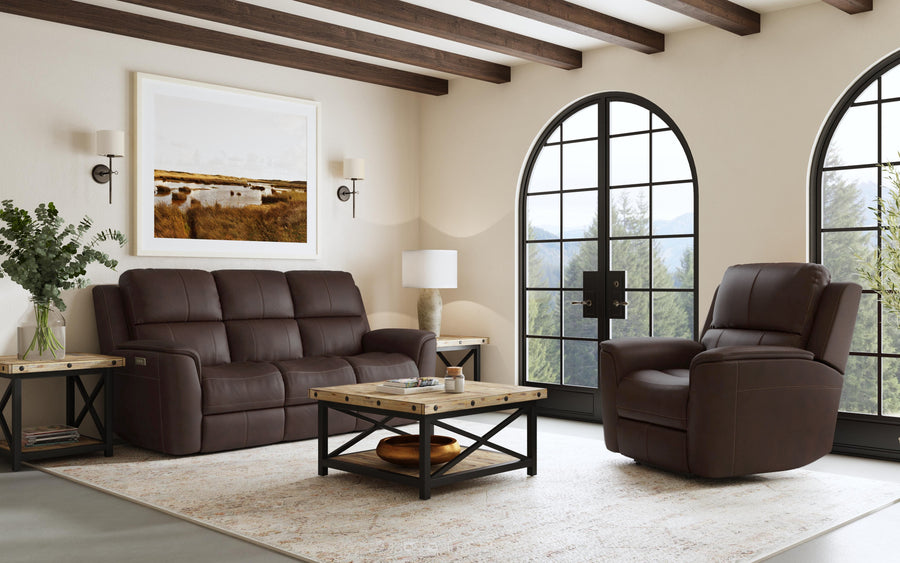 Henry Leather Power Reclining Sofa with Power Headrests & Lumbar in Burnt Umber Complete Room