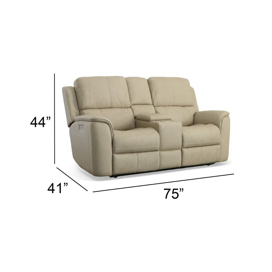Flexsteel Henry Leather Power Reclining Loveseat with Console & Power Headrests & Lumbar in Beige