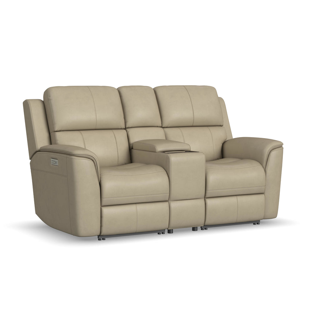 Flexsteel Henry Leather Power Reclining Loveseat with Console & Power Headrests & Lumbar in Beige