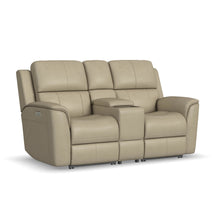 Flexsteel Henry Leather Power Reclining Loveseat with Console & Power Headrests & Lumbar in Beige
