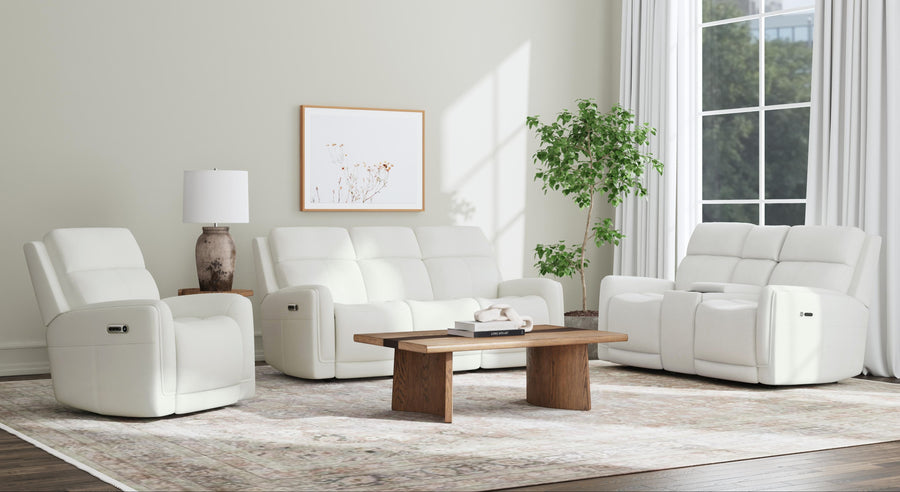 Alister Porcelain Leather Power Gliding Sofa with Power Headrests & Lumbar Complete Room