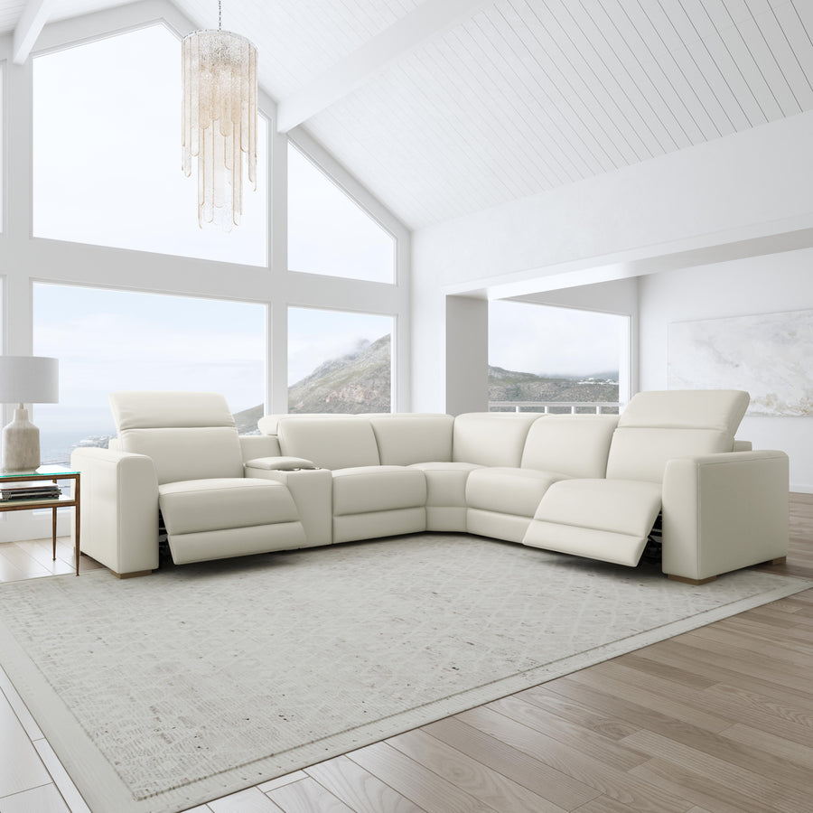Aurora Coconut Milk Leather Power Reclining Sectional with Power Headrests Complete Room