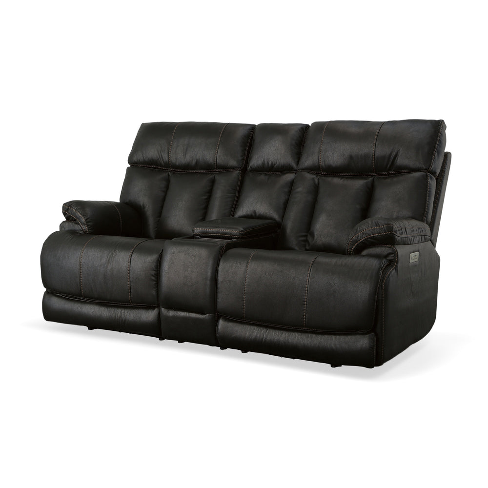 Clive Peppercorn Fabric Power Reclining Loveseat with Console, Power Headrests & Lumbar