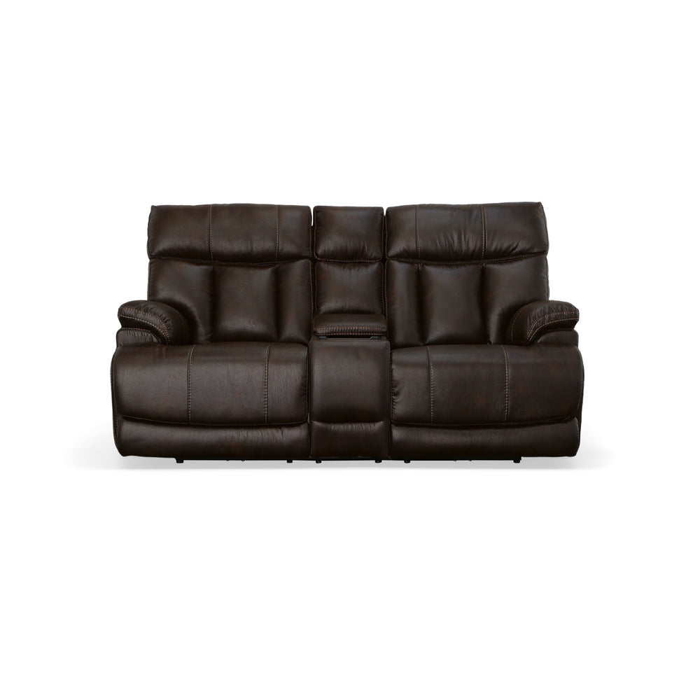Clive Clove Fabric Power Reclining Loveseat with Console, Power Headrests & Lumbar