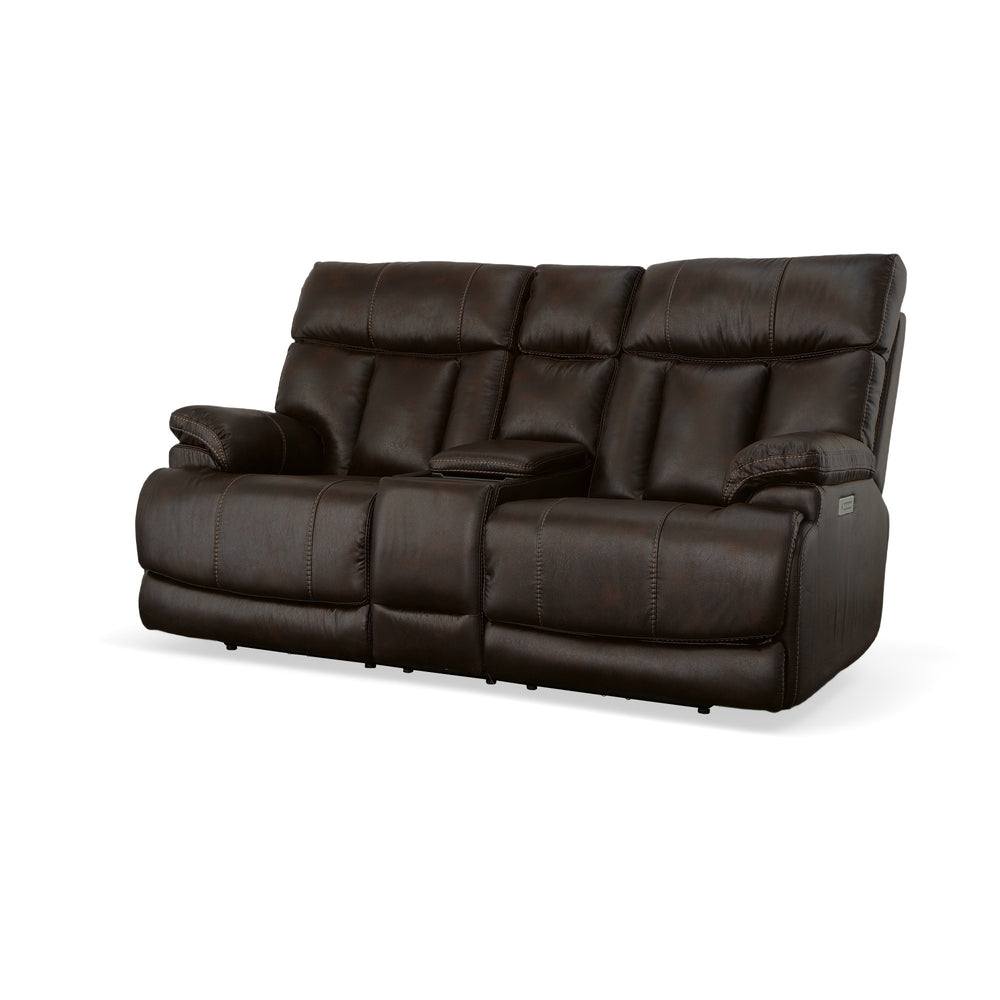 Clive Clove Fabric Power Reclining Loveseat with Console, Power Headrests & Lumbar