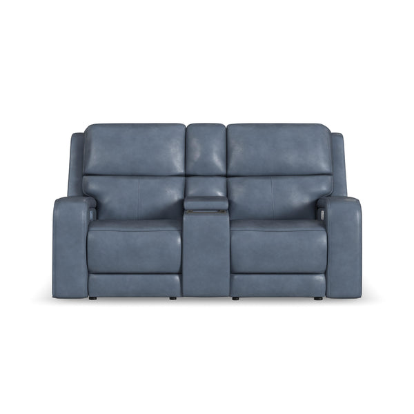 Flexsteel Oasis Leather Power Reclining Loveseat with Console, Power Headrests, Lumbar, Heat & Massage