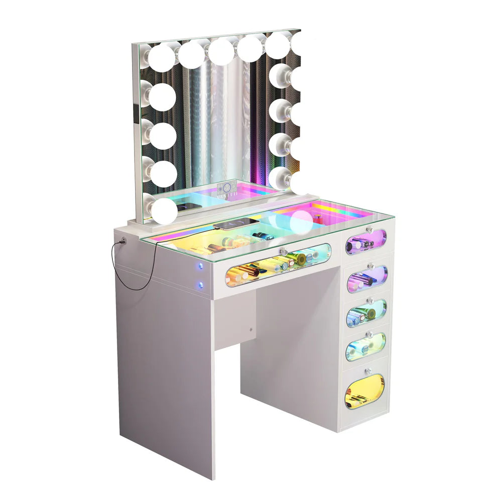 Emily 6 Glass Fronted Drawers Vanity Desk with Vanity Mirror