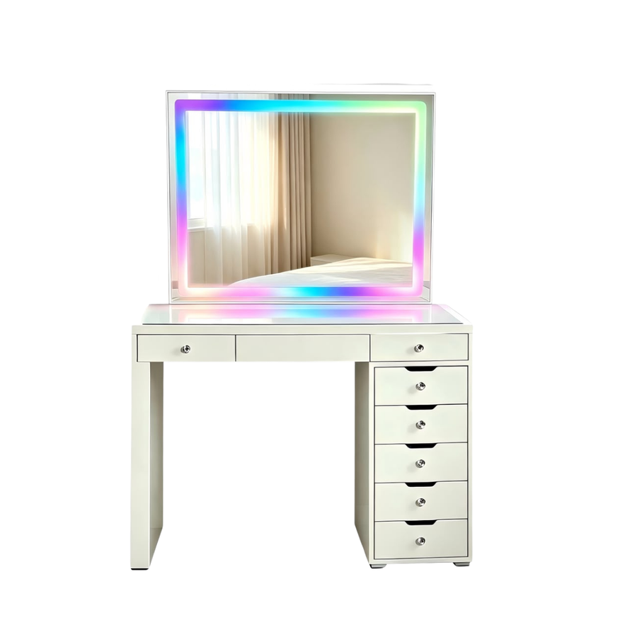 Bella 8-Drawer Lighted Vanity with LED Mirror & Bluetooth Speaker – High Gloss White