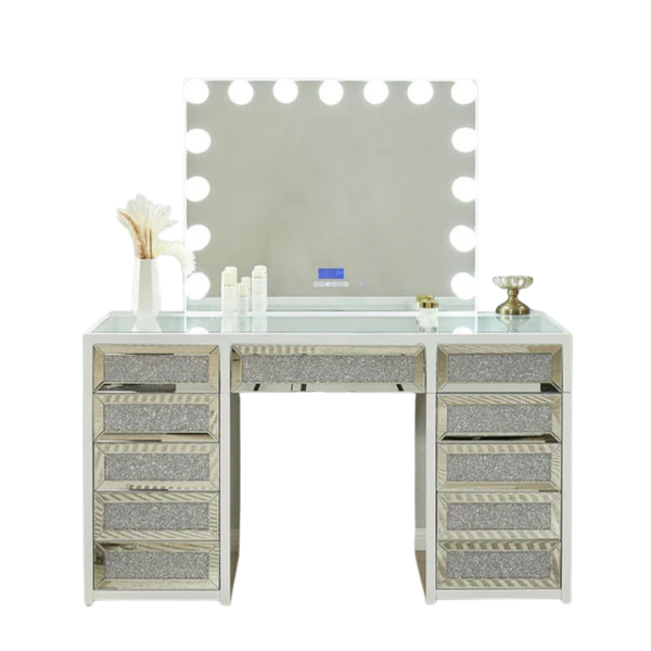 Stella 11-Drawer Crystal Lighted Vanity with LED Mirror & Bluetooth Speaker