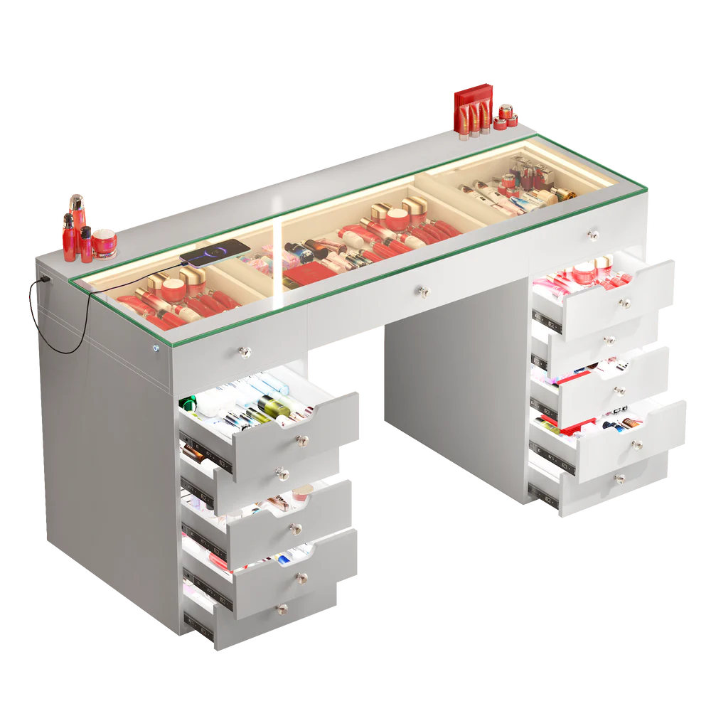Em Vanity Desk - 13 Storage Drawers with Full Light