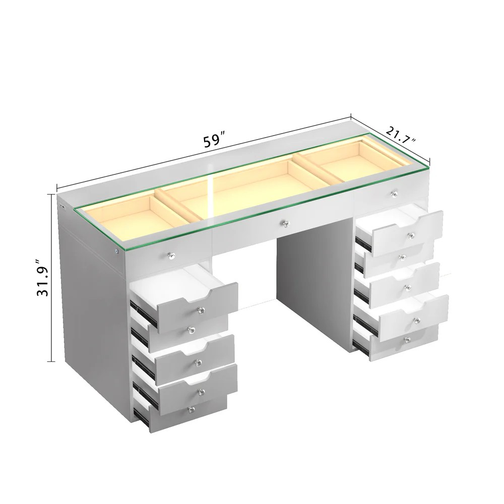 Em Vanity Desk - 13 Storage Drawers with Full Light