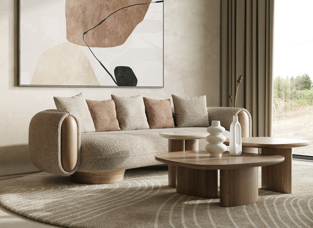 Amber Wood Multicolored Boucle Fabric + Ash Sofa