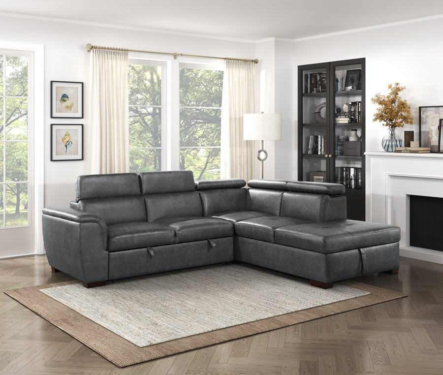 Barre 2-Piece Sectional with Pull-out Bed and Right Chaise with Hidden Storage, Adjustable Headrests Complete Room