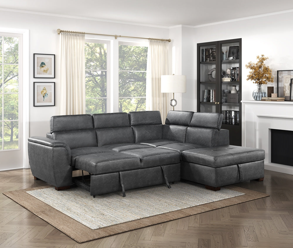 Barre (2)2-Piece Sectional with Pull-out Bed and Right Chaise with Hidden Storage, Adjustable Headrests - view 10