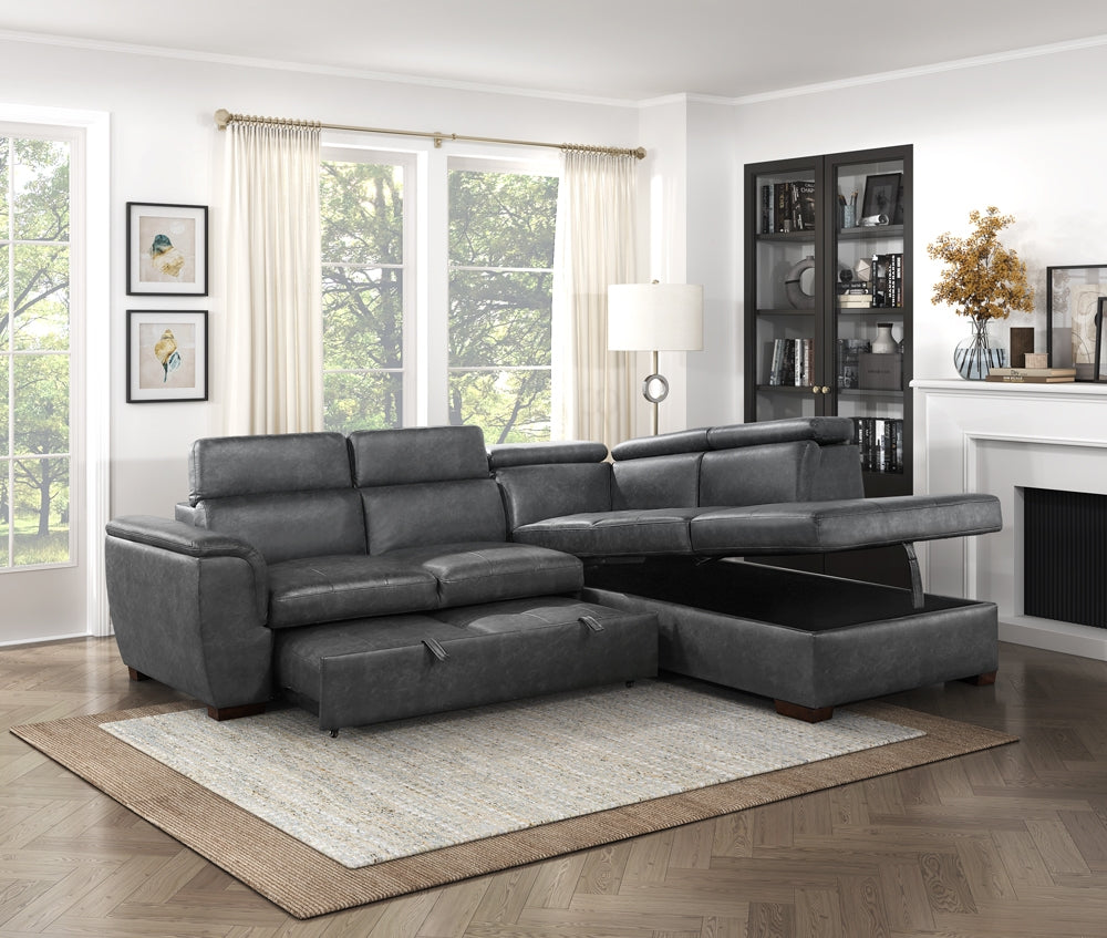 Barre (2)2-Piece Sectional with Pull-out Bed and Right Chaise with Hidden Storage, Adjustable Headrests - view 9