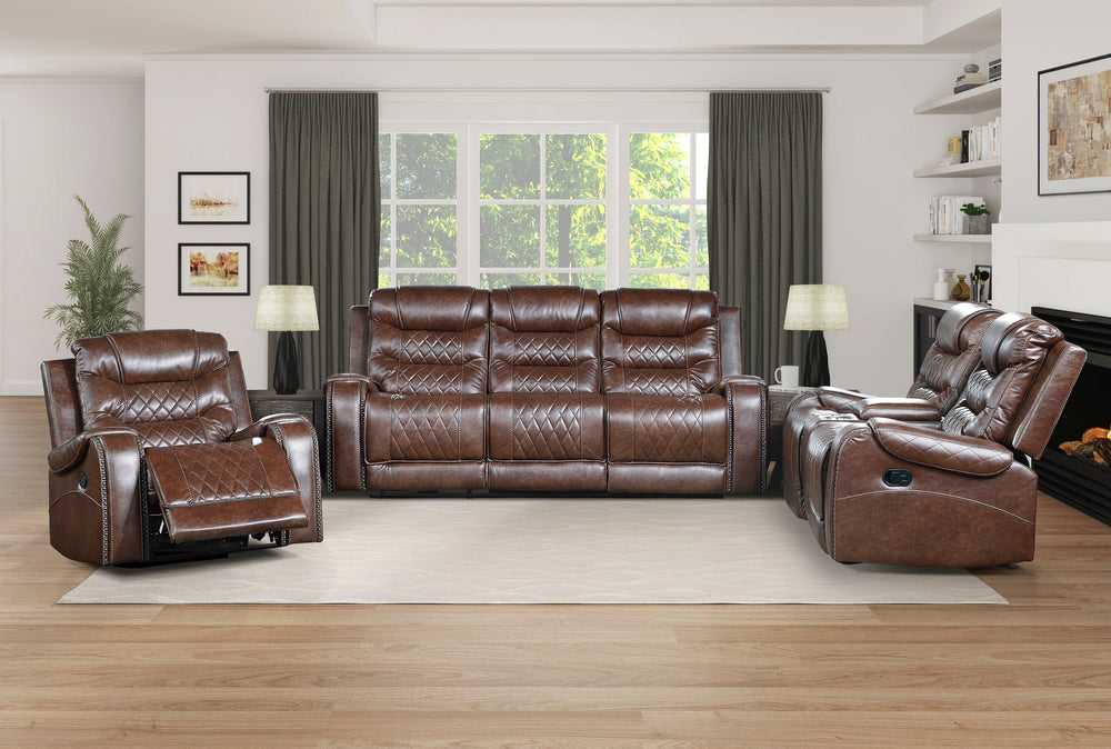 Brown sofa set in a living room with large windows and decor.