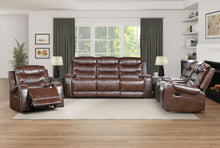 Brown sofa set in a living room with large windows and decor.