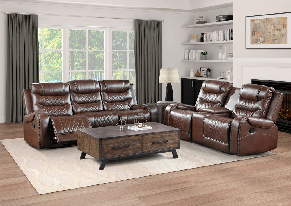Brown reclining sofa set in a living room with wooden coffee table.