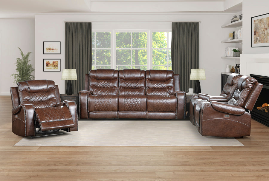 Putnam Power Double Reclining Sofa with Center Drop-Down Cup Holders, Receptacles and USB Ports Complete Room