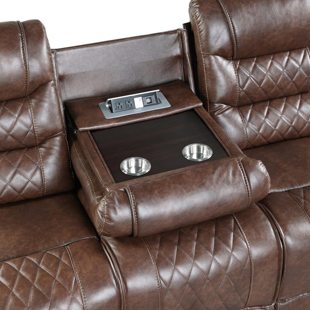 Brown recliner with an embedded table and cup holders